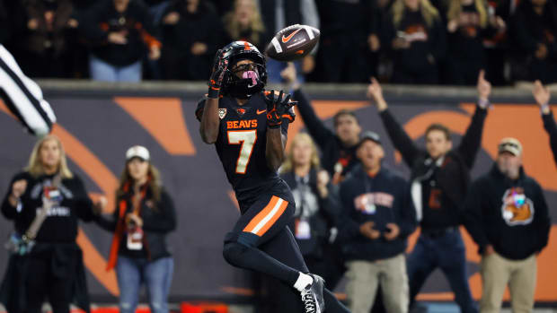 Oct 14, 2023; Corvallis, Oregon, USA; Oregon State Beavers wide receiver Silas Bolden (7) makes a catch for a touchdown during the second half against the UCLA Bruins at Reser Stadium. Mandatory Credit: Soobum Im-USA TODAY Sports